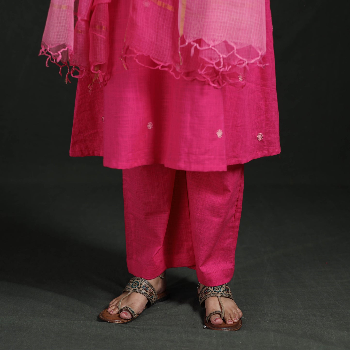 Plain Slub Cotton Hand Embroidered Suit Set with Dupatta for women 08