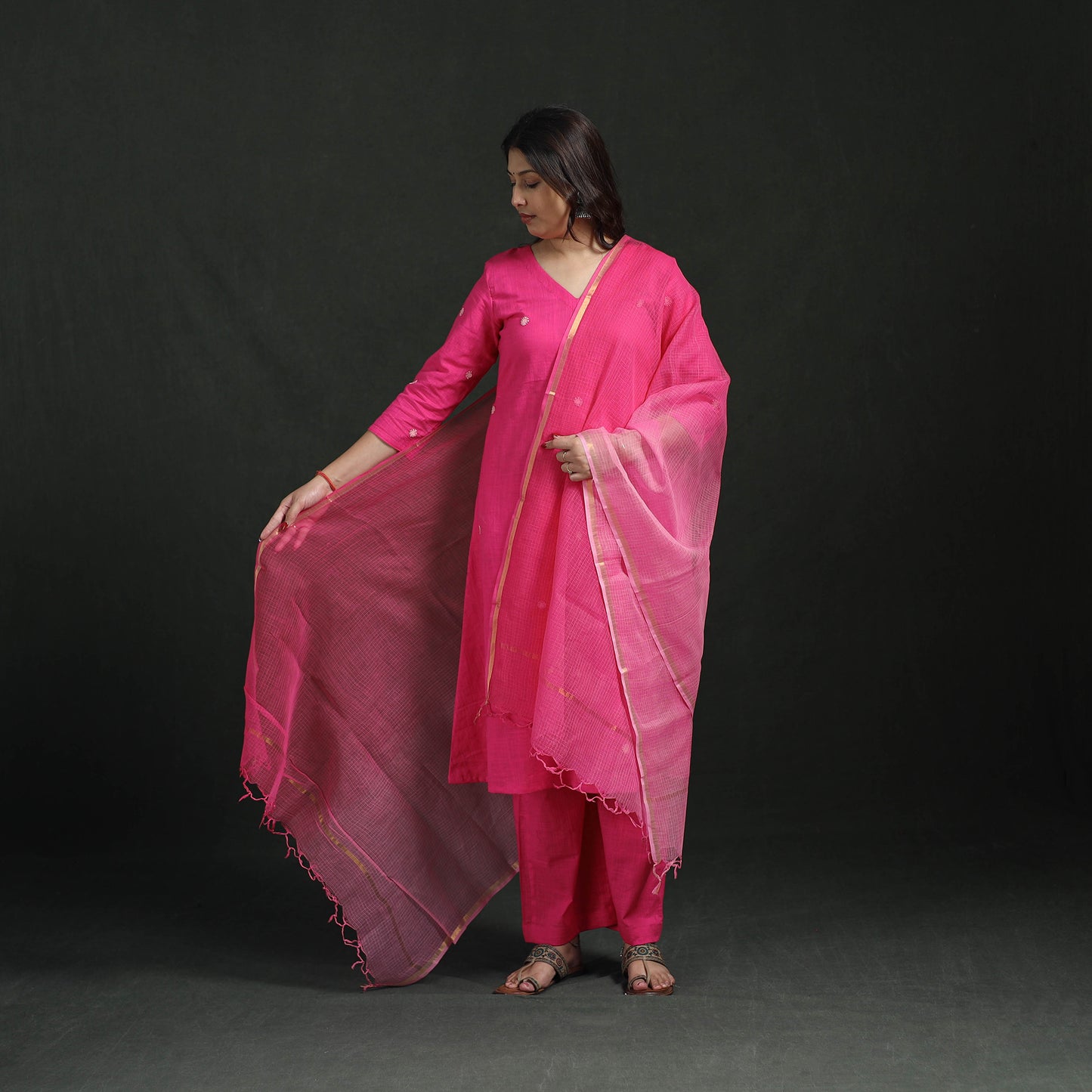 Plain Slub Cotton Hand Embroidered Suit Set with Dupatta for women 08