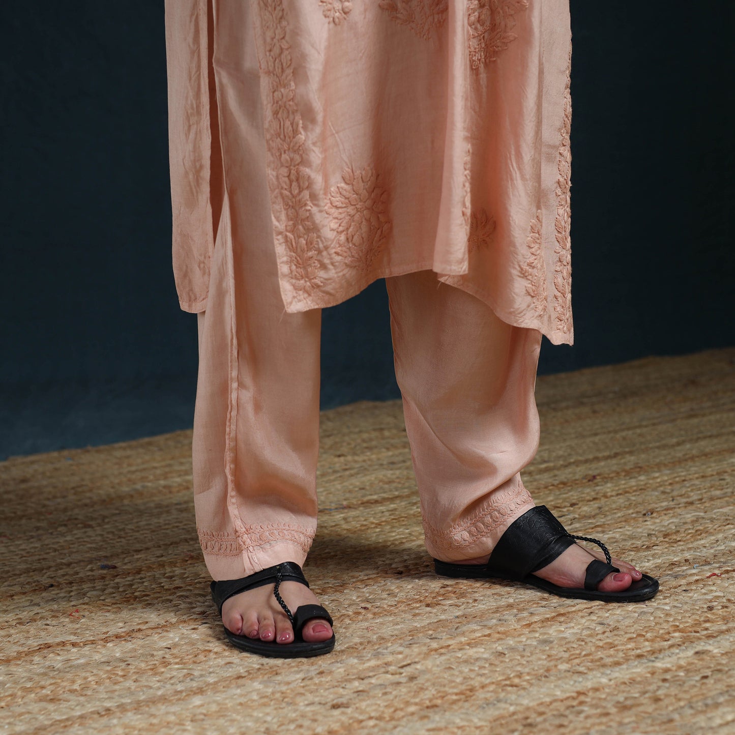 Peach - Hand Embroidered Muslin Chikankari Kurta with Pant Set for Women 23