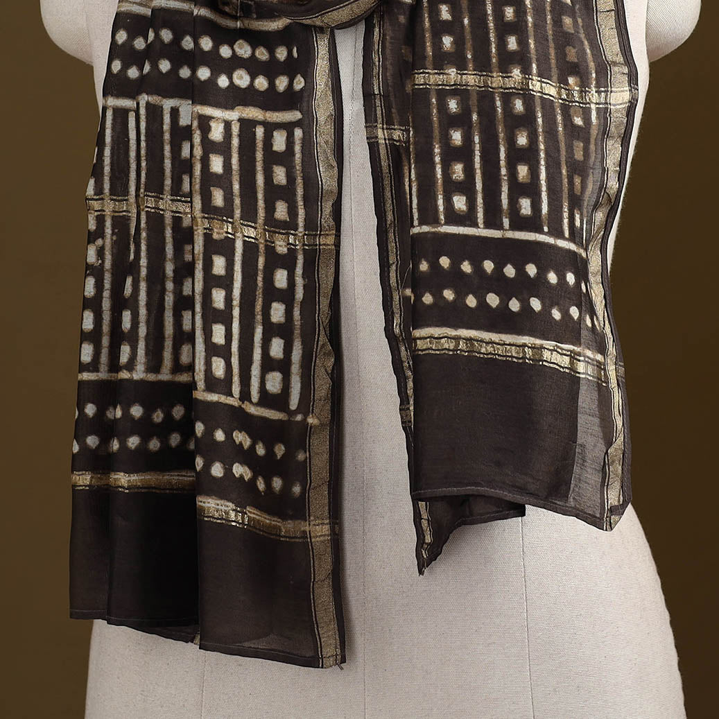 Brown - Pipad Hand Block Print Natural Dyed Chanderi Silk Handloom Stole 58