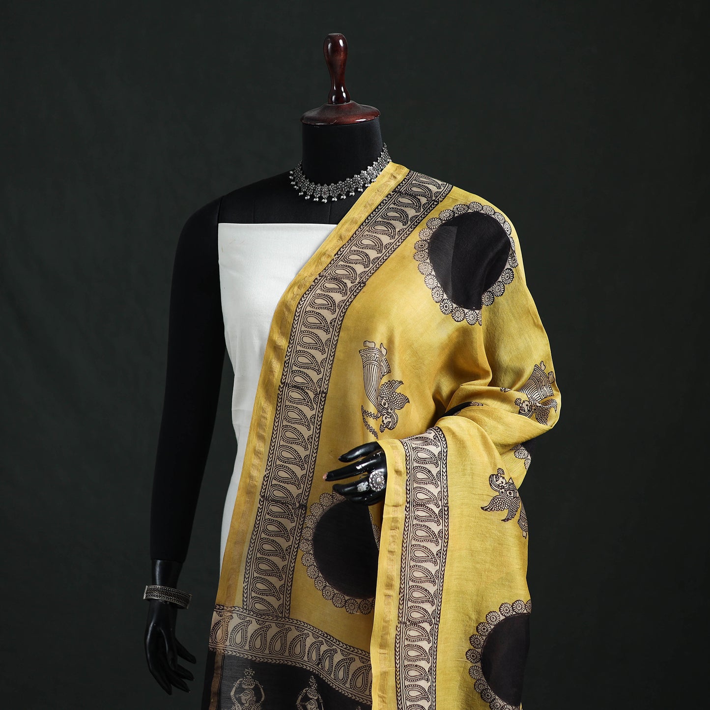 Yellow - Mata Ni Pachedi Handpainted Natural Dyed Chanderi Silk Handloom Dupatta 13