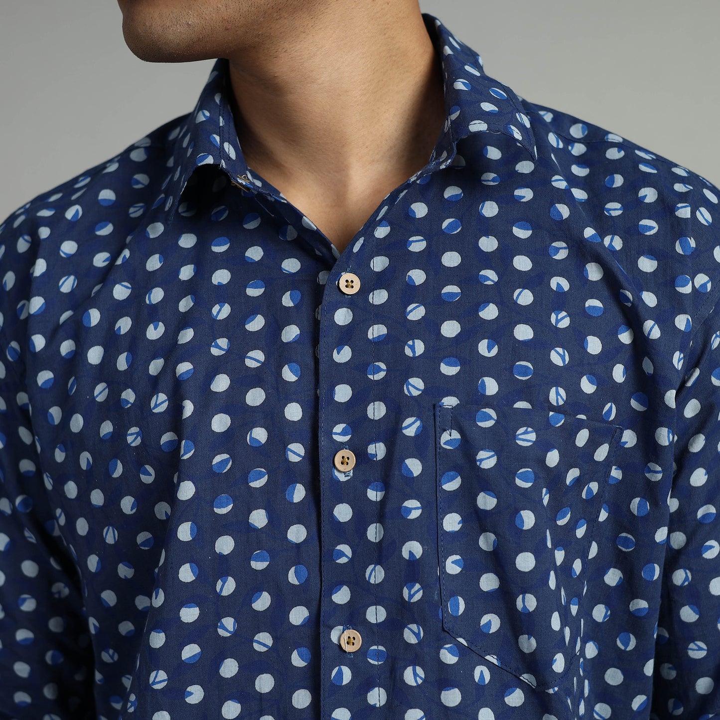 Blue - Indigo Block Printed Cotton Men Full Sleeve Shirt 15