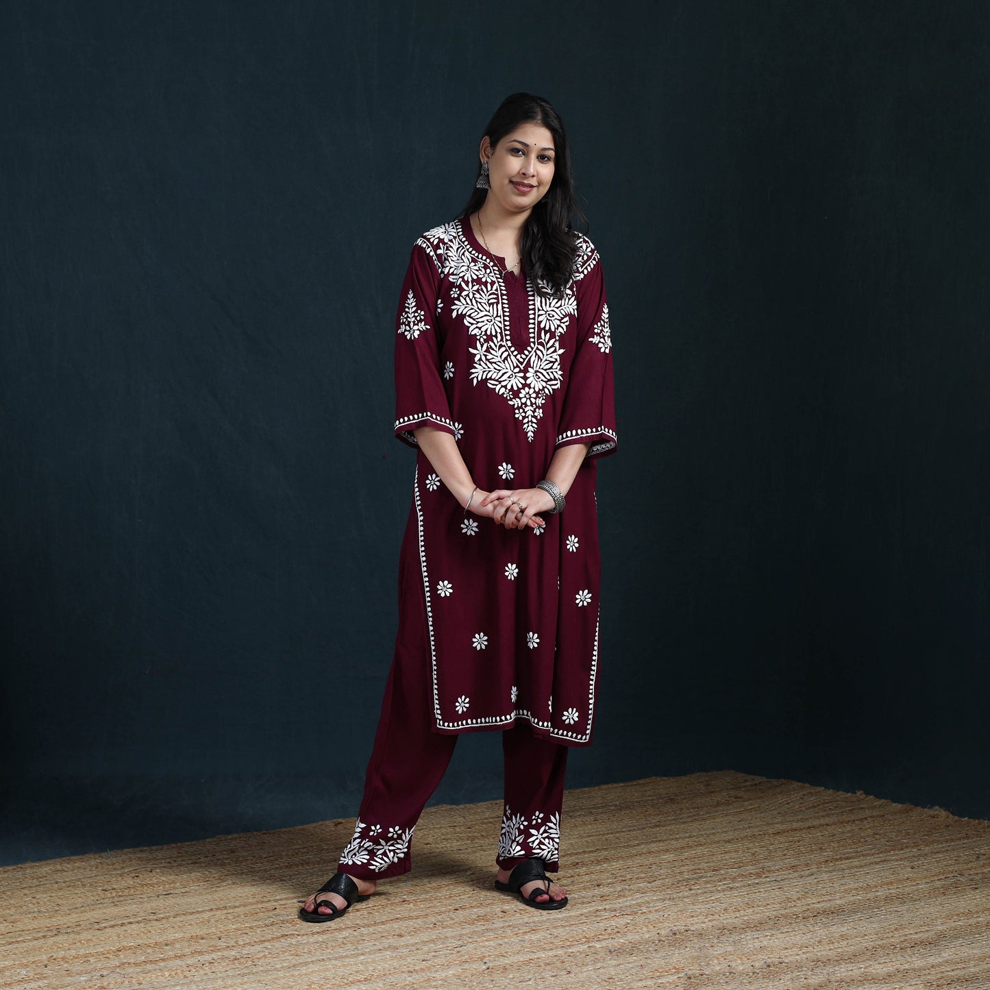 Maroon - Hand Embroidered Rayon Chikankari Kurta with Pant Set for Women 09