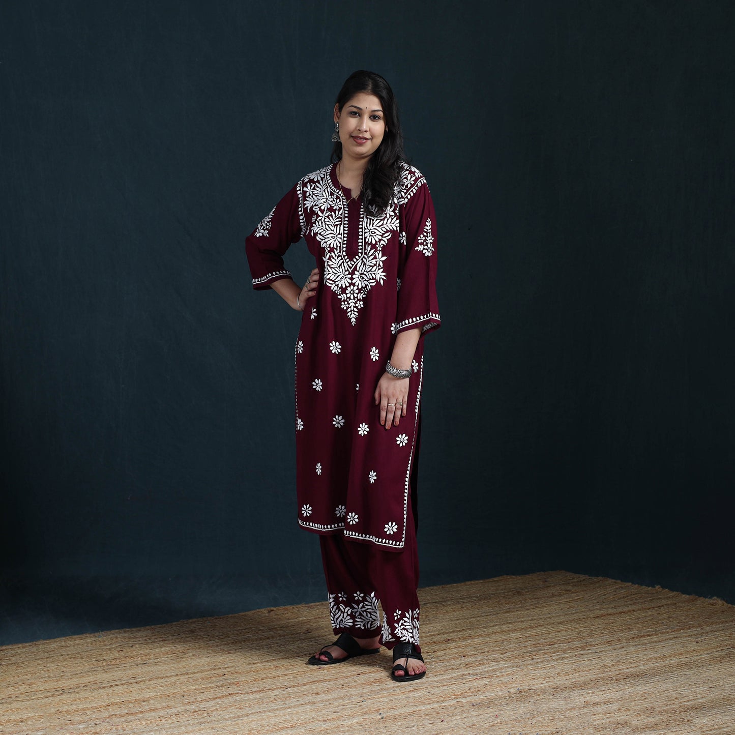 Maroon - Hand Embroidered Rayon Chikankari Kurta with Pant Set for Women 09