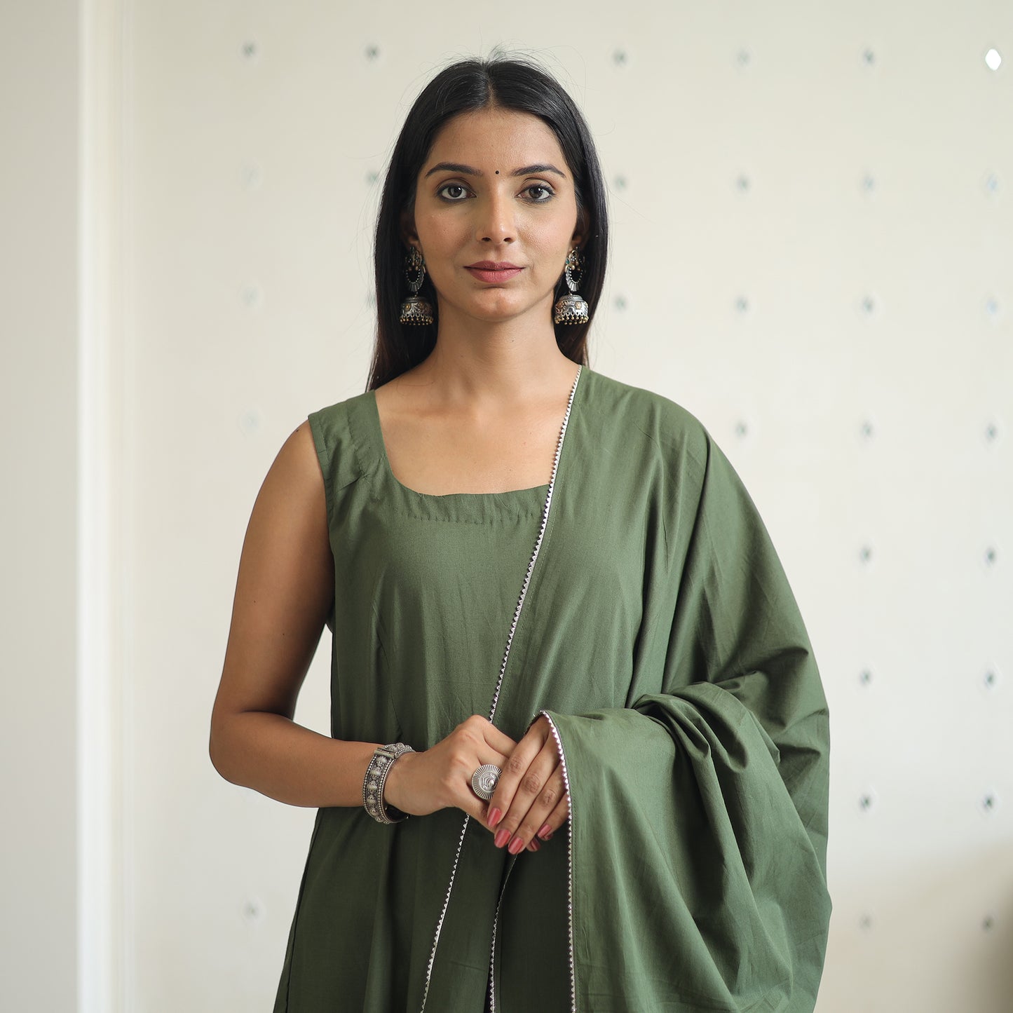 Yashasmini Green Cotton Flared Kurta with Palazzo & Dupatta Set