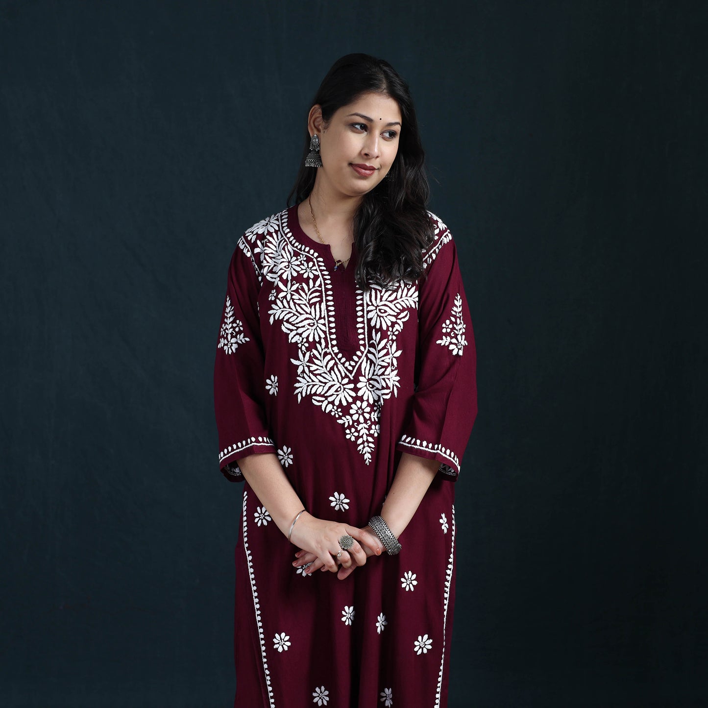 Maroon - Hand Embroidered Rayon Chikankari Kurta with Pant Set for Women 09
