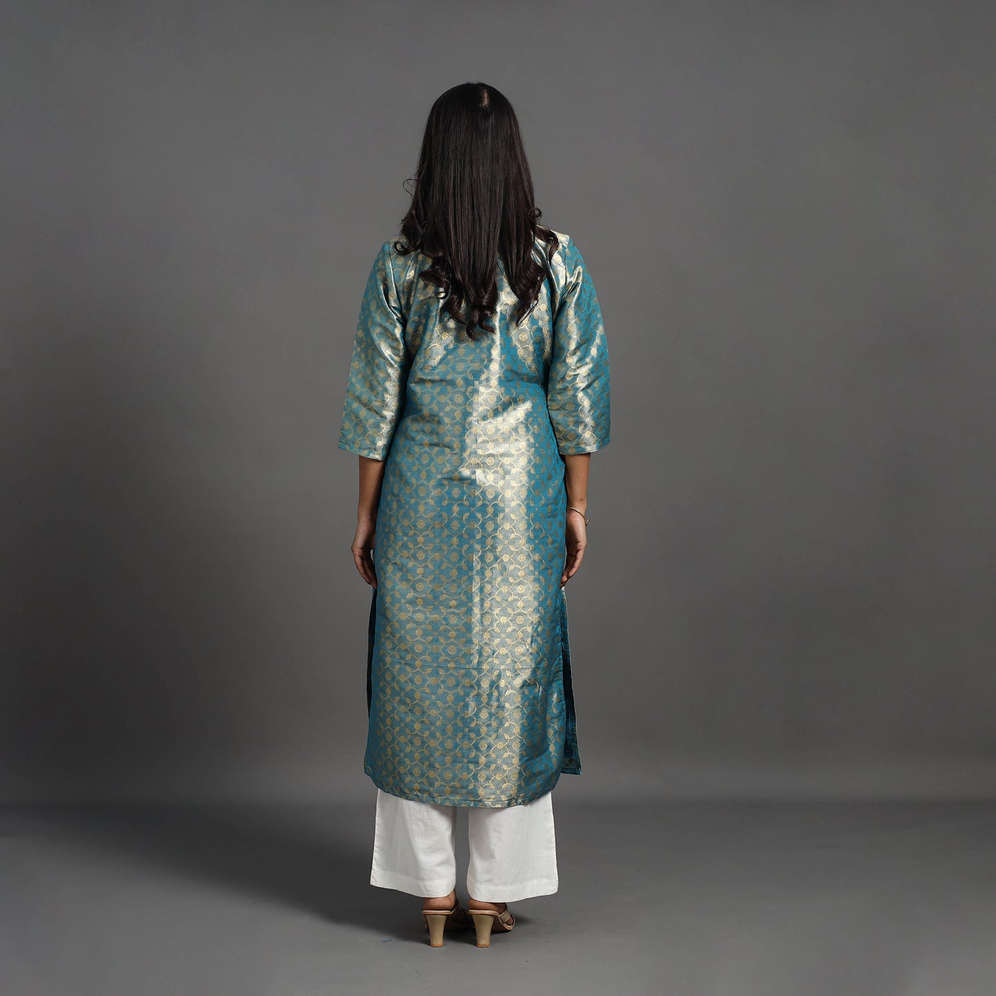 Blue Cutwork Tissue Zari Jaal Banarasi Silk Kurta for Women