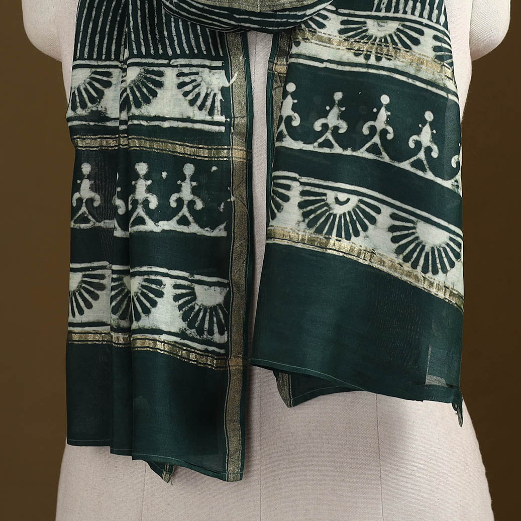 Green - Pipad Hand Block Print Natural Dyed Chanderi Silk Handloom Stole 62