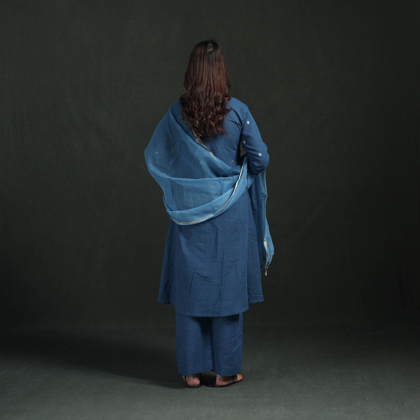 Plain Slub Cotton Hand Embroidered Suit Set with Dupatta for women 09