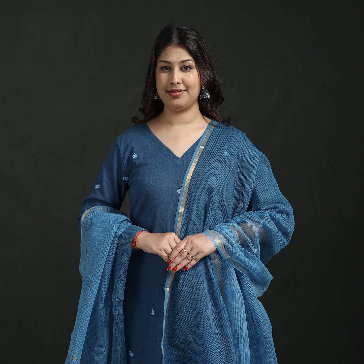 Plain Slub Cotton Hand Embroidered Suit Set with Dupatta for women 09