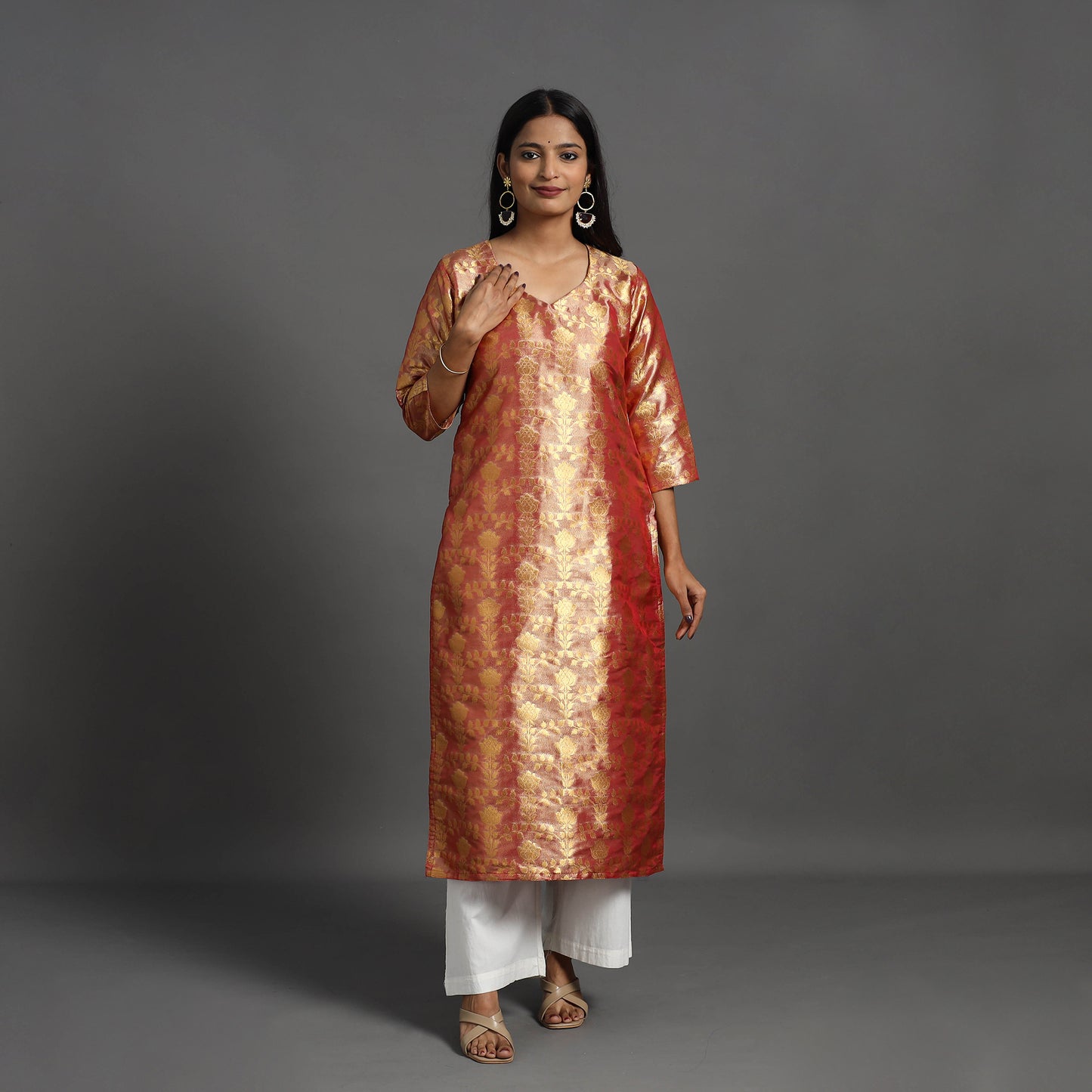 Red Cutwork Tissue Zari Jaal Banarasi Silk Kurta for Women