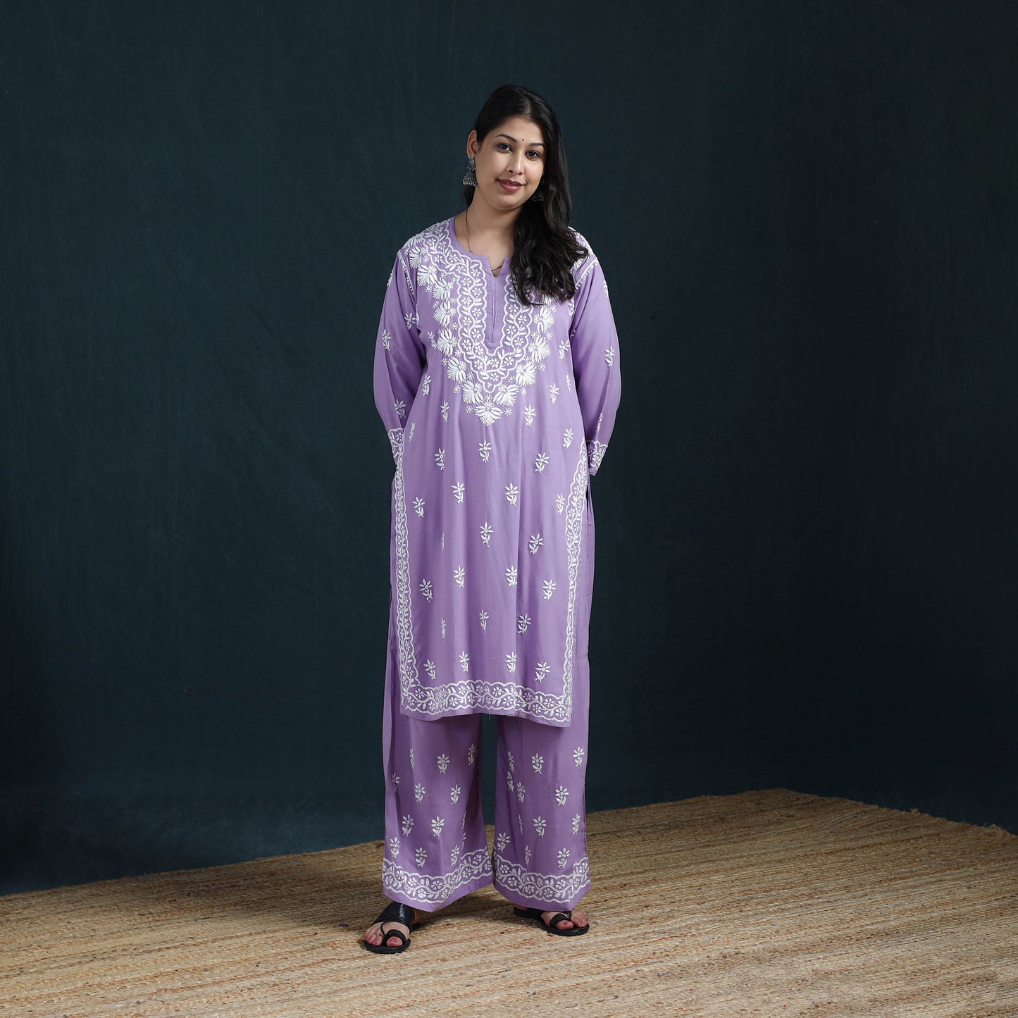 Purple - Hand Embroidered Rayon Chikankari Kurta with Palazzo Set for Women 10