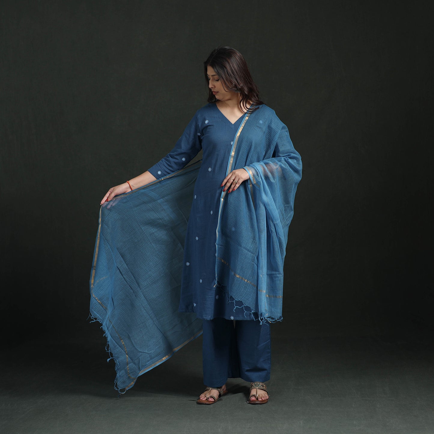 Plain Slub Cotton Hand Embroidered Suit Set with Dupatta for women 09