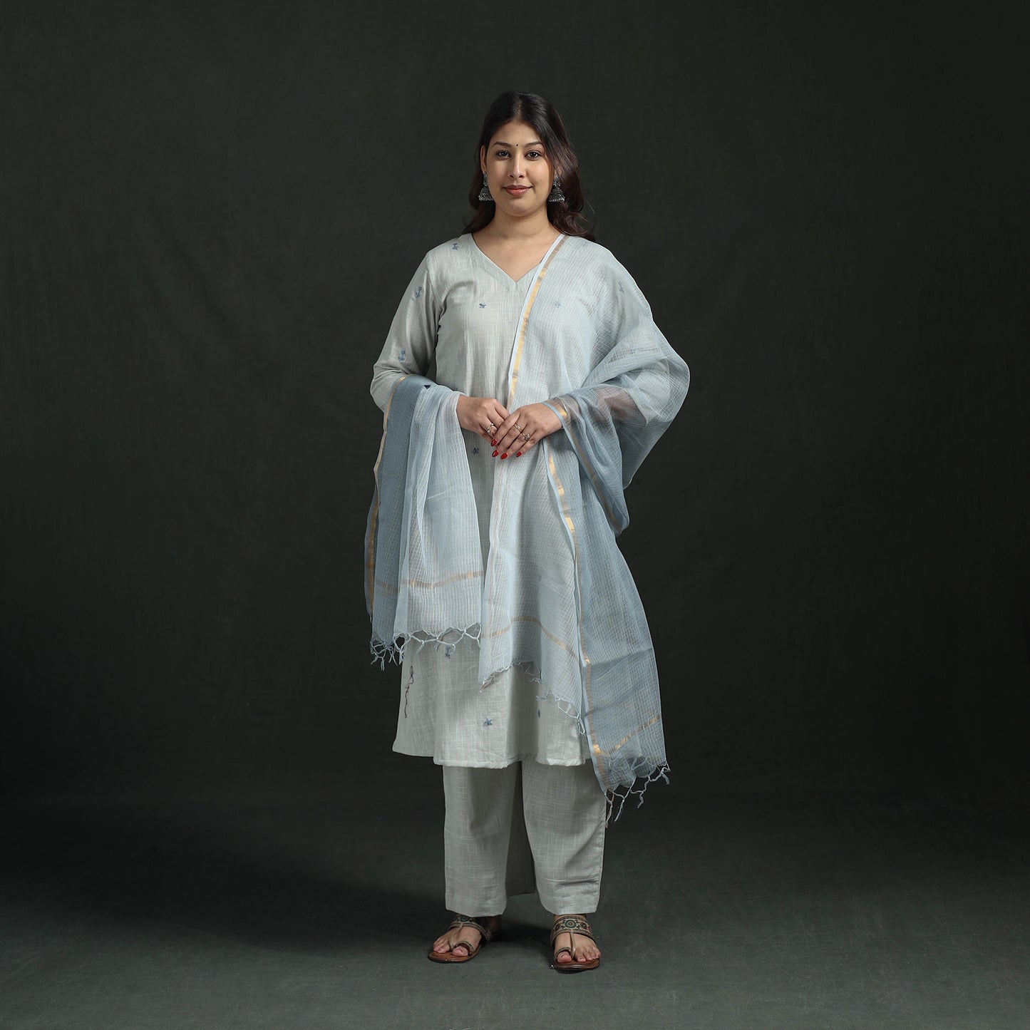 Plain Slub Cotton Hand Embroidered Suit Set with Dupatta for women 10
