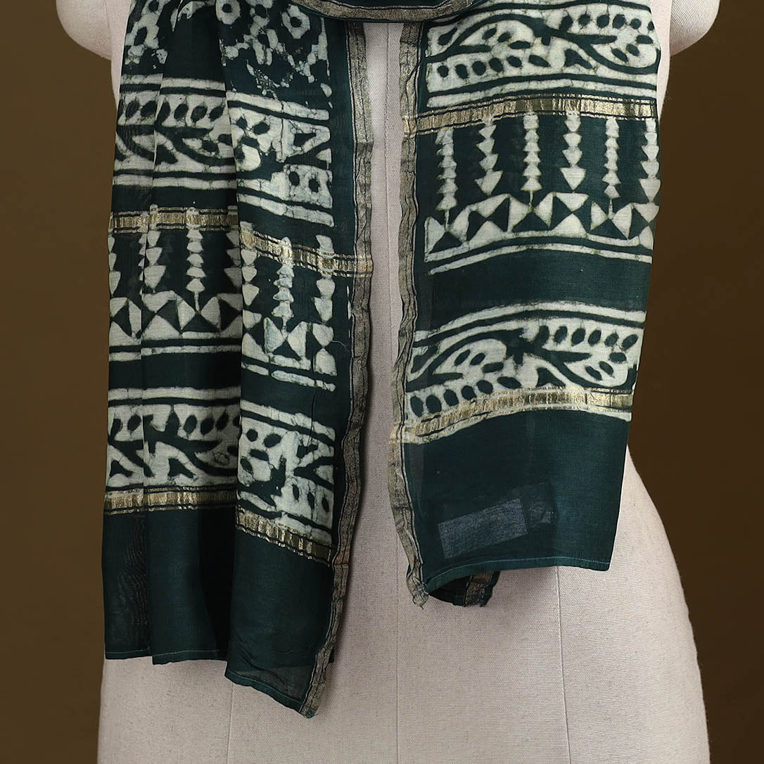 Green - Pipad Hand Block Print Natural Dyed Chanderi Silk Handloom Stole 65
