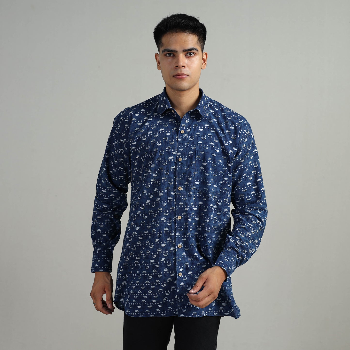 Blue - Indigo Block Printed Cotton Men Full Sleeve Shirt 13