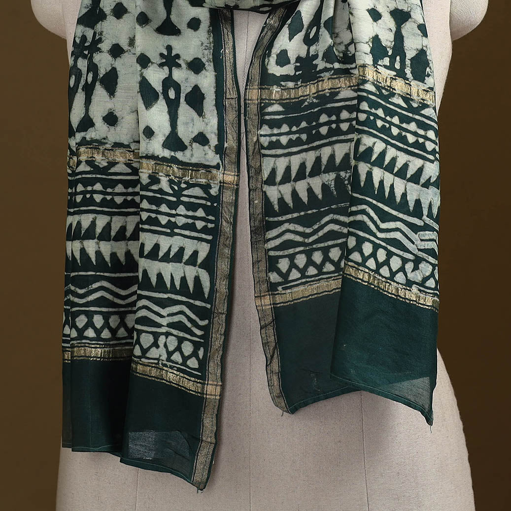 Green - Pipad Hand Block Print Natural Dyed Chanderi Silk Handloom Stole 67