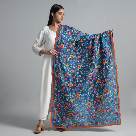 Blue - Ranihati Chanderi Silk Chapa Work Phulkari Embroidered Dupatta 26