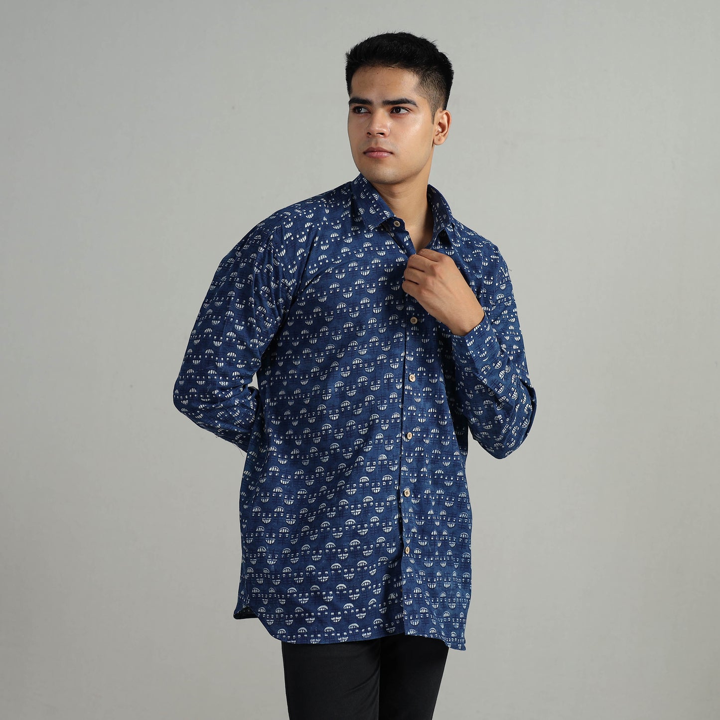 Blue - Indigo Block Printed Cotton Men Full Sleeve Shirt 13