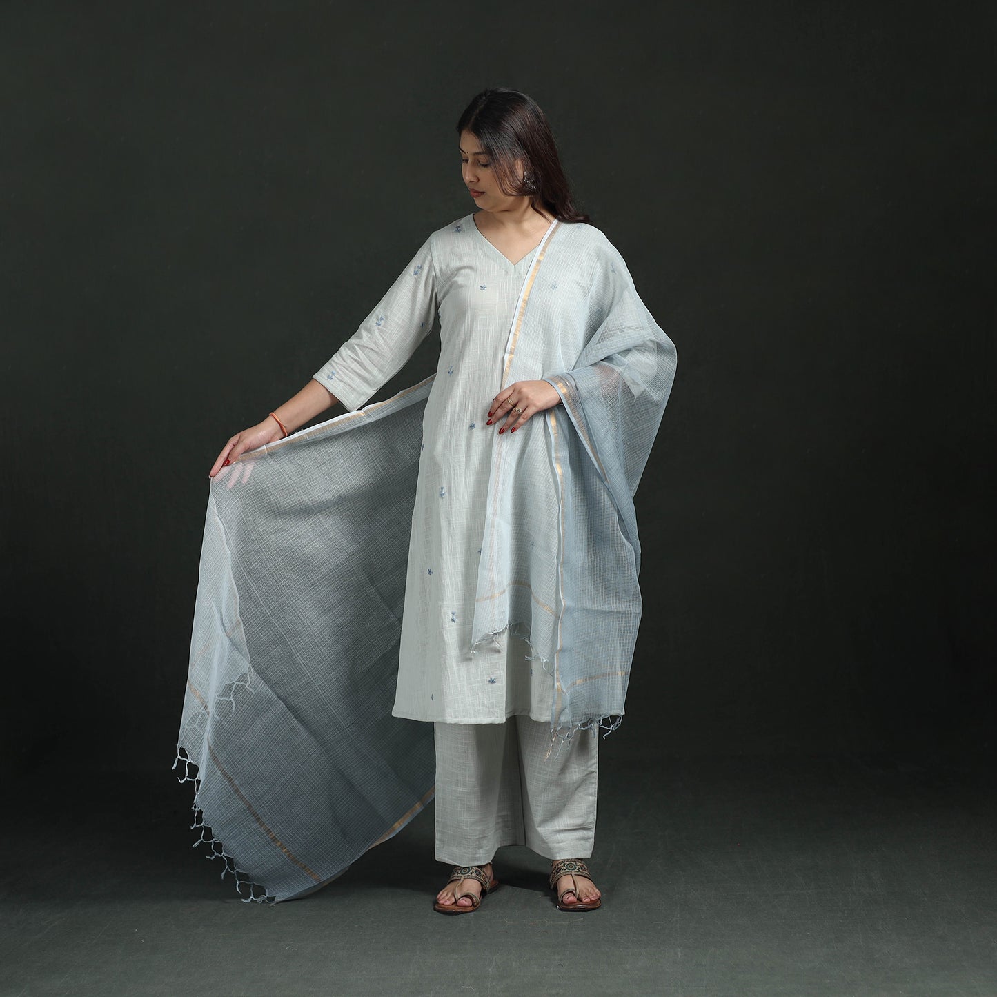 Plain Slub Cotton Hand Embroidered Suit Set with Dupatta for women 10