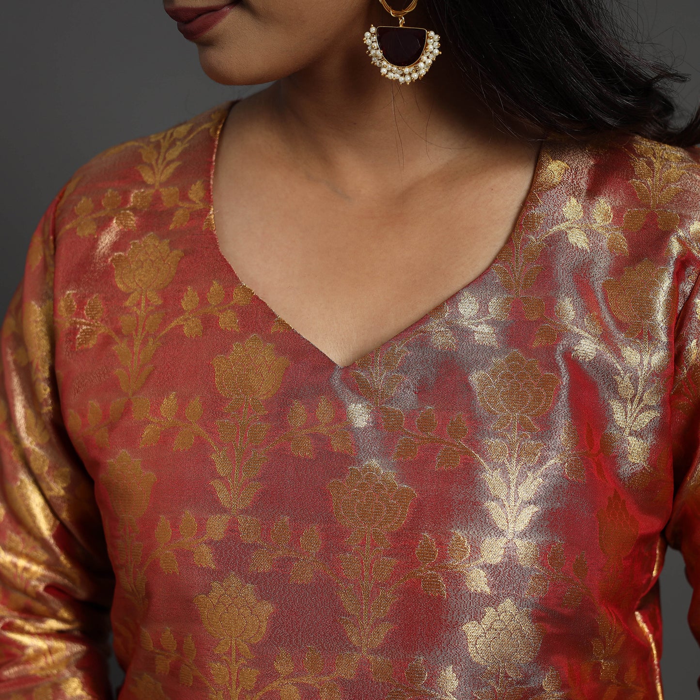 Red Cutwork Tissue Zari Jaal Banarasi Silk Kurta for Women
