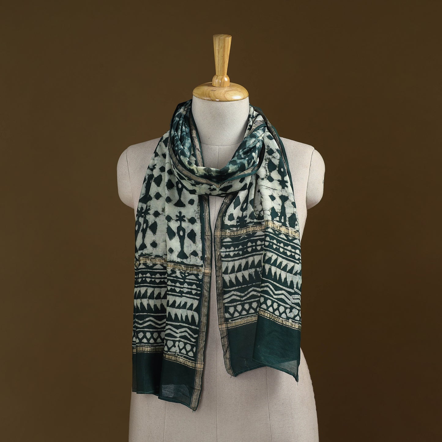 Green - Pipad Hand Block Print Natural Dyed Chanderi Silk Handloom Stole 67
