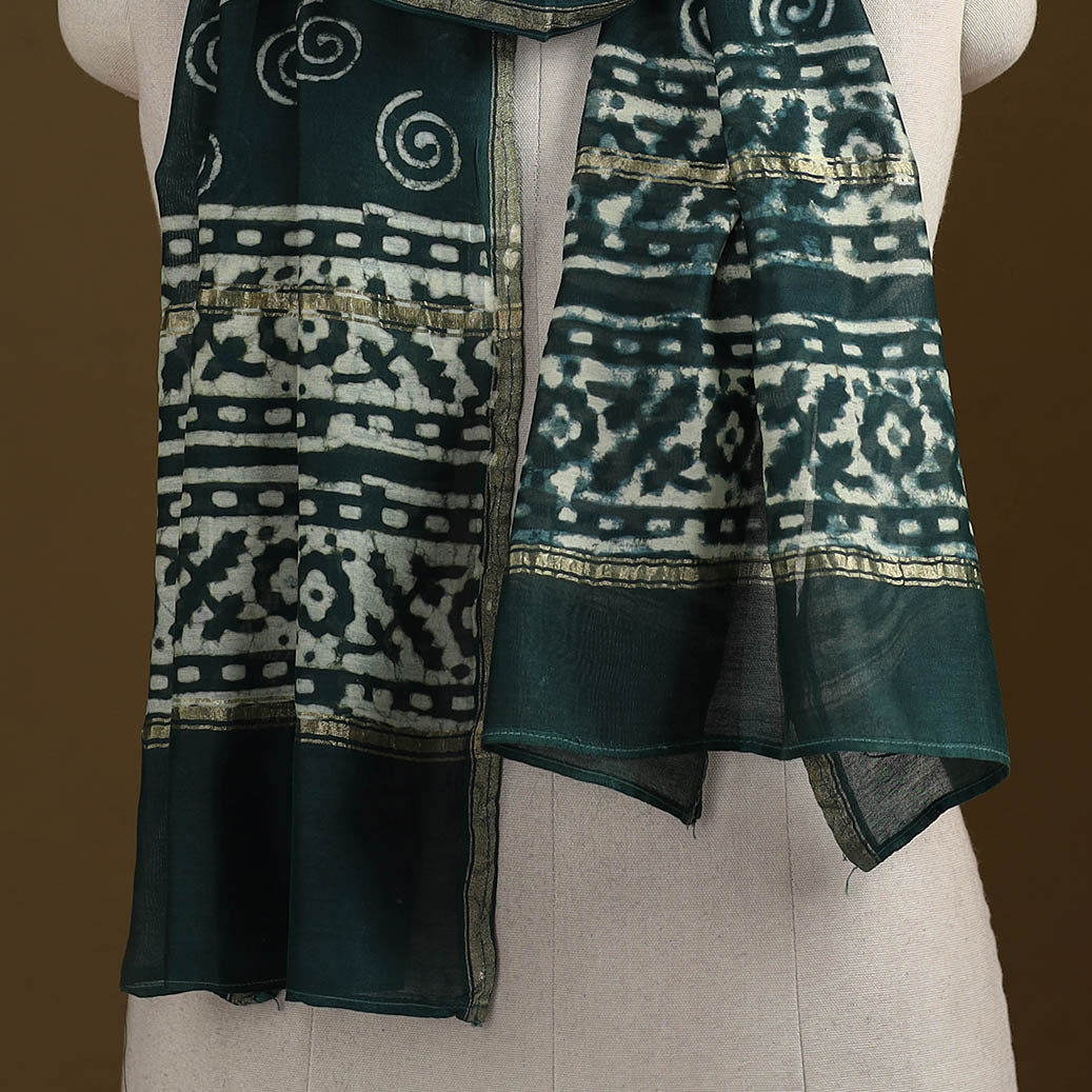 Green - Pipad Hand Block Print Natural Dyed Chanderi Silk Handloom Stole 68