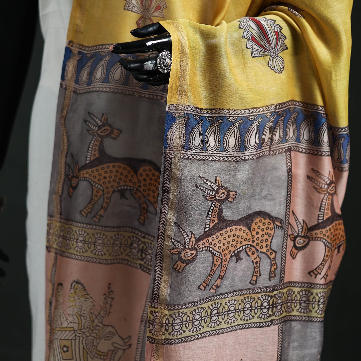Yellow - Mata Ni Pachedi Handpainted Natural Dyed Chanderi Silk Handloom Dupatta 16
