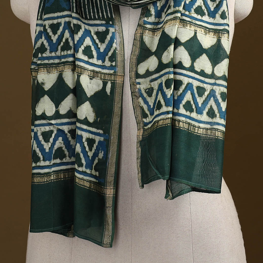 Green - Pipad Hand Block Print Natural Dyed Chanderi Silk Handloom Stole 69