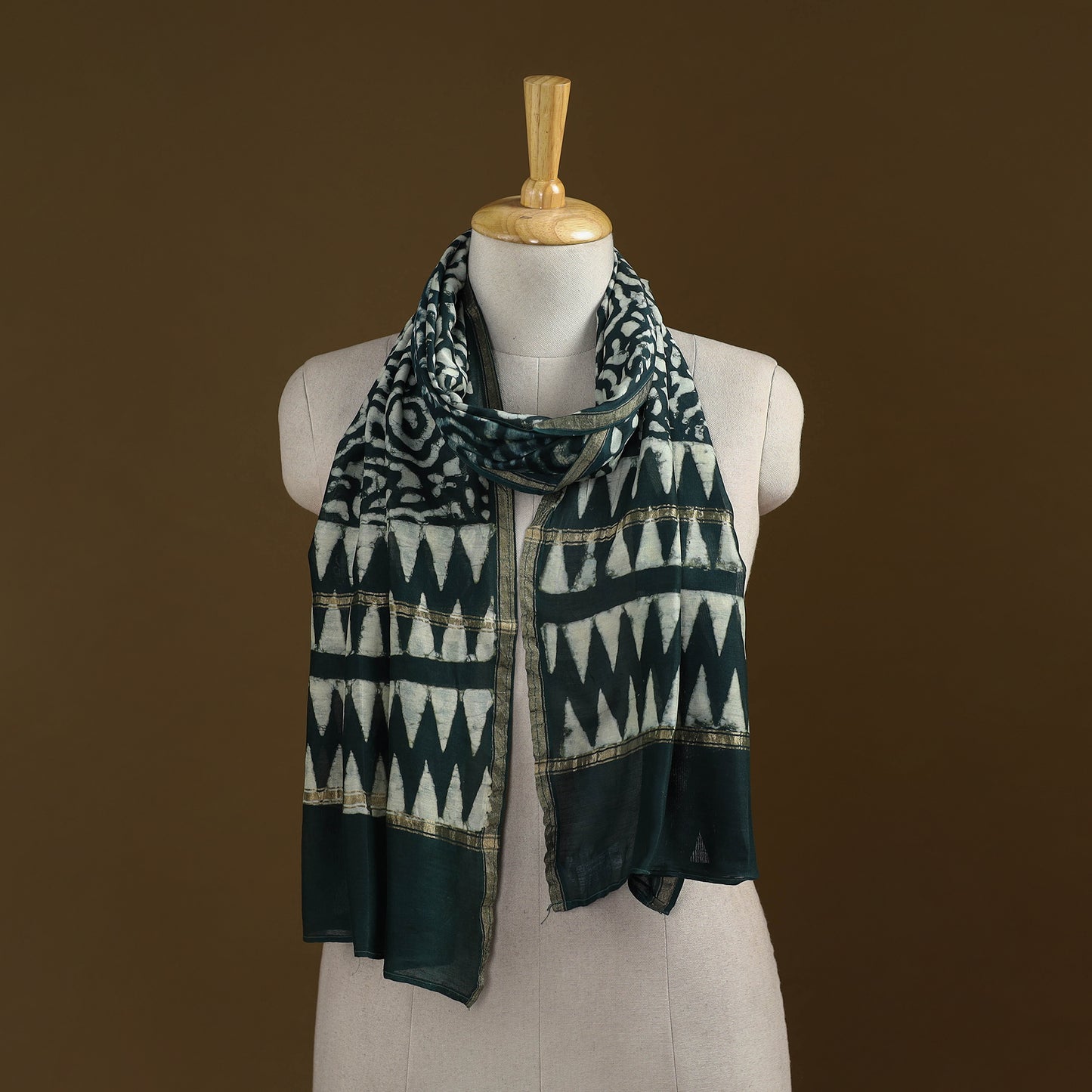 Green - Pipad Hand Block Print Natural Dyed Chanderi Silk Handloom Stole 70