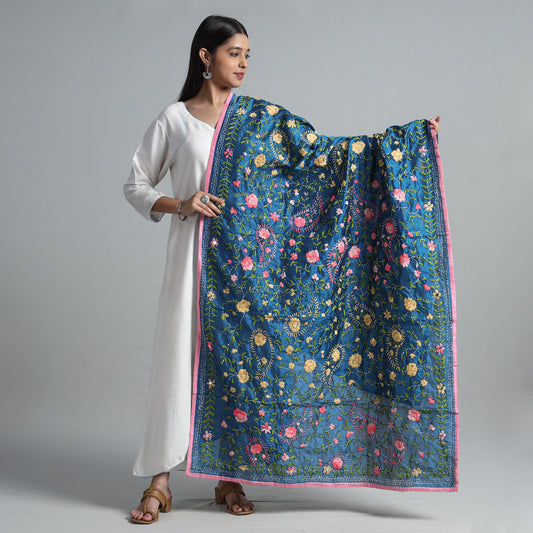 Blue - Ranihati Chanderi Silk Chapa Work Phulkari Embroidered Dupatta 27