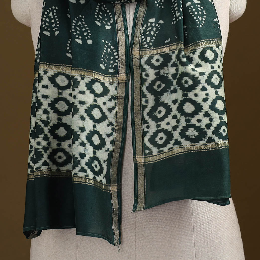 Green - Pipad Hand Block Print Natural Dyed Chanderi Silk Handloom Stole 72