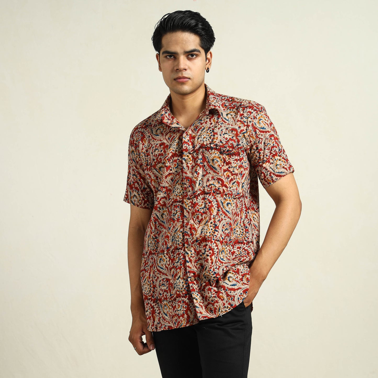 Buy Kalamkari Block Printed Cotton Men Half Sleeve Shirt 02 Online at iTokri.com