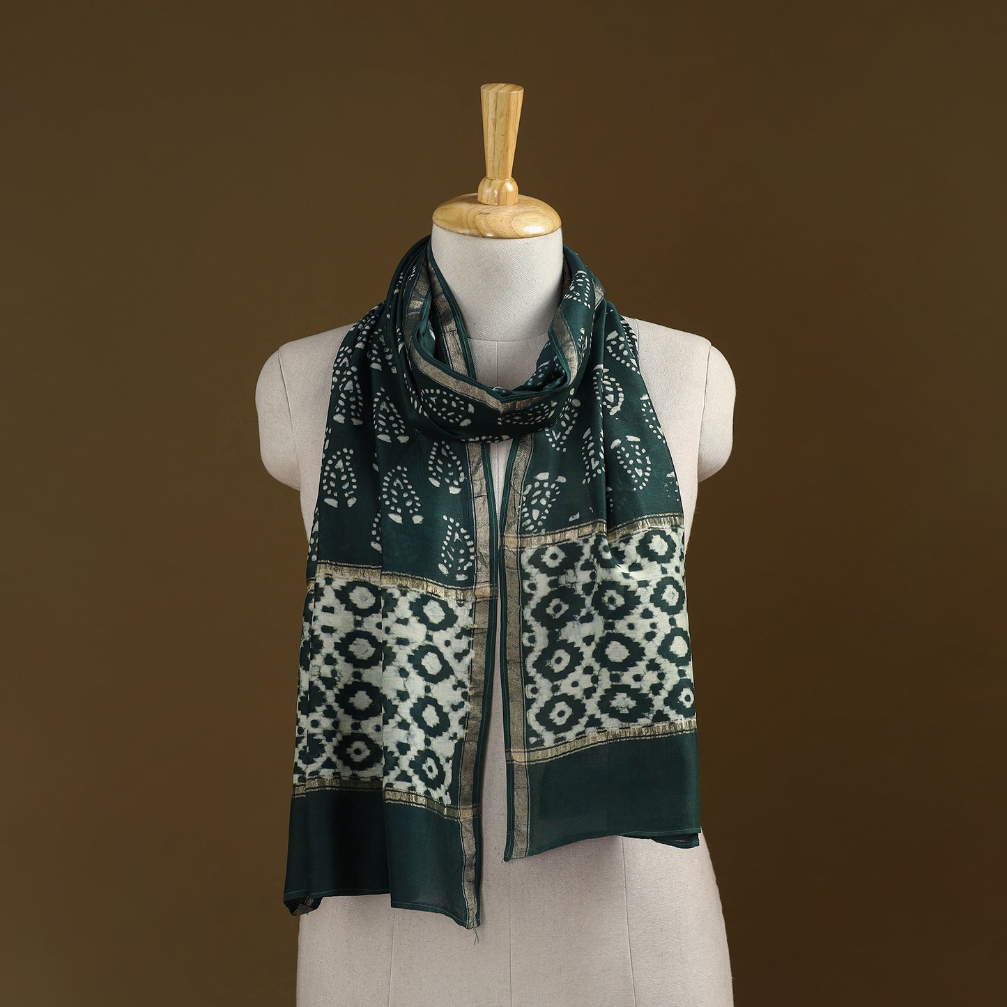 Green - Pipad Hand Block Print Natural Dyed Chanderi Silk Handloom Stole 72