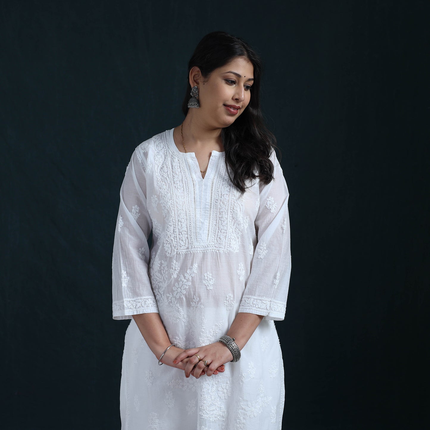 White - Hand Embroidered Mul Chanderi Chikankari Kurta with Palazzo Set for Women 22