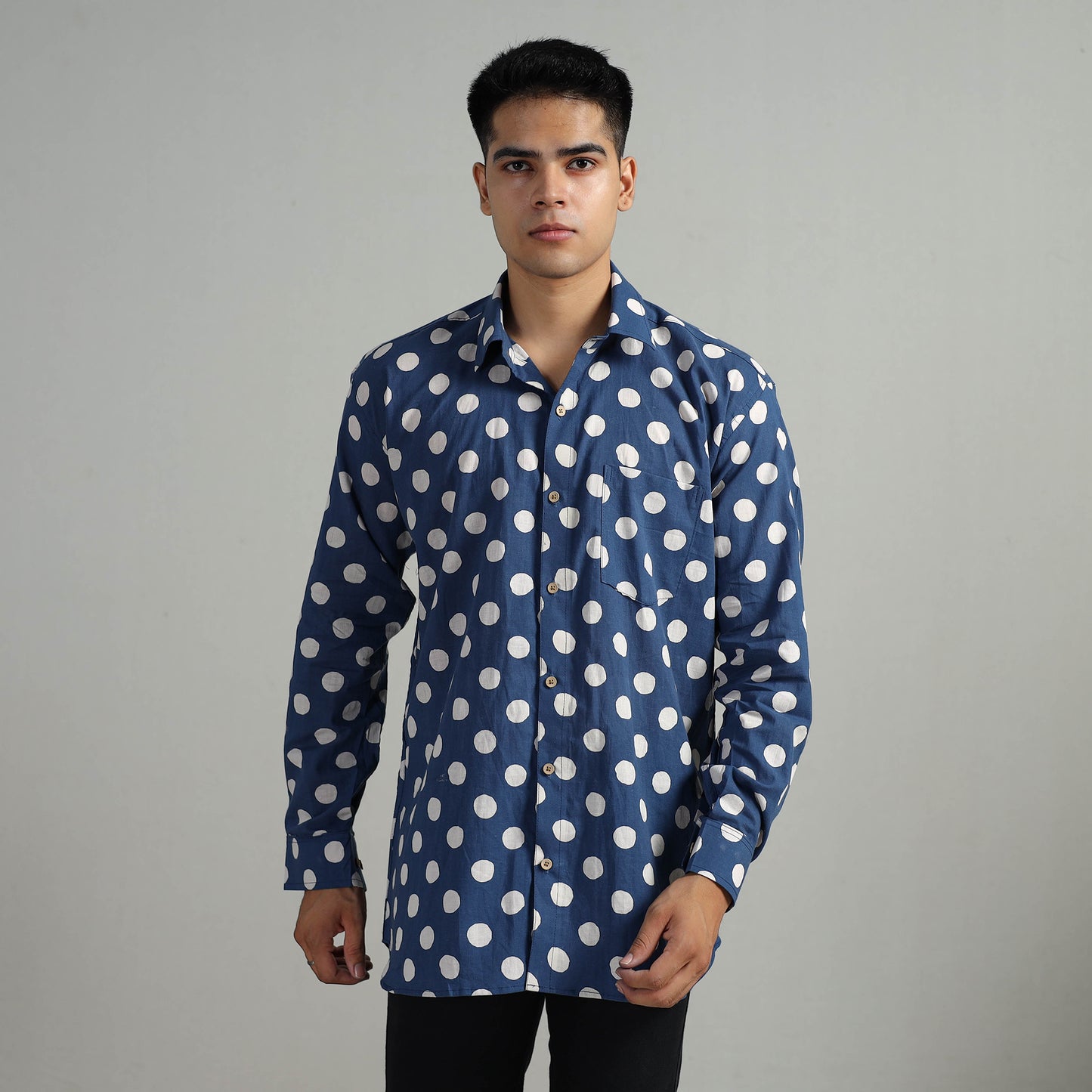 Buy Indigo Block Printed Cotton Men Full Sleeve Shirt 12 Online at iTokri.com