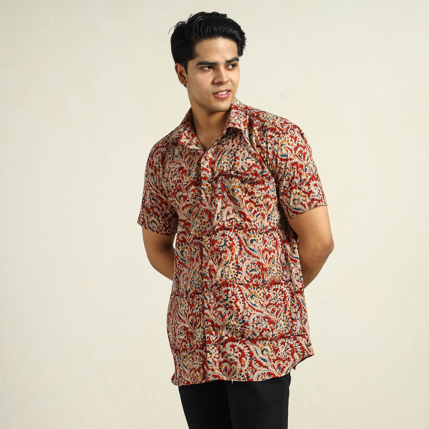 Buy Kalamkari Block Printed Cotton Men Half Sleeve Shirt 02 Online at iTokri.com