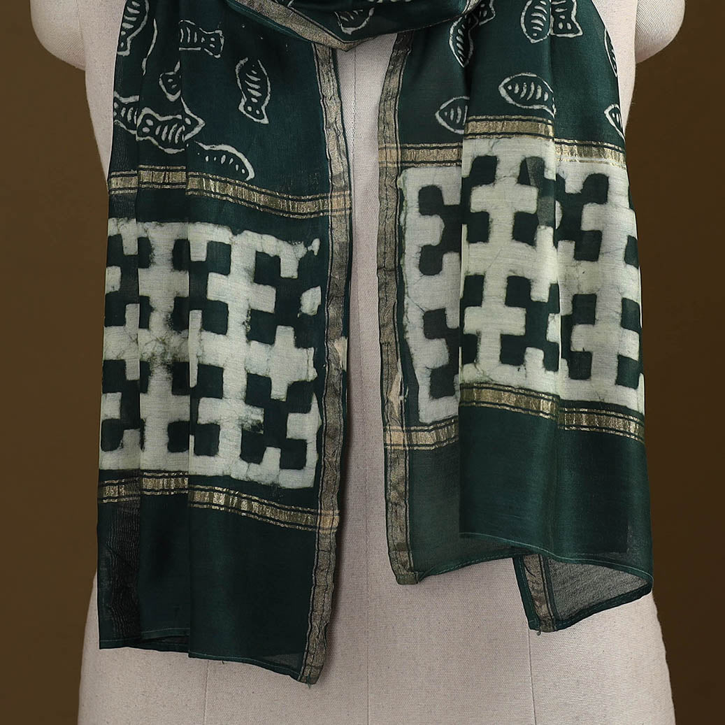 Green - Pipad Hand Block Print Natural Dyed Chanderi Silk Handloom Stole 74