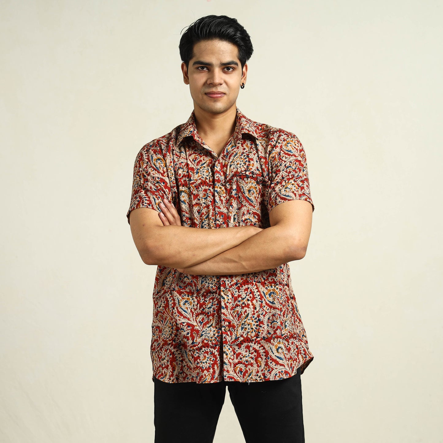 Buy Kalamkari Block Printed Cotton Men Half Sleeve Shirt 02 Online at iTokri.com