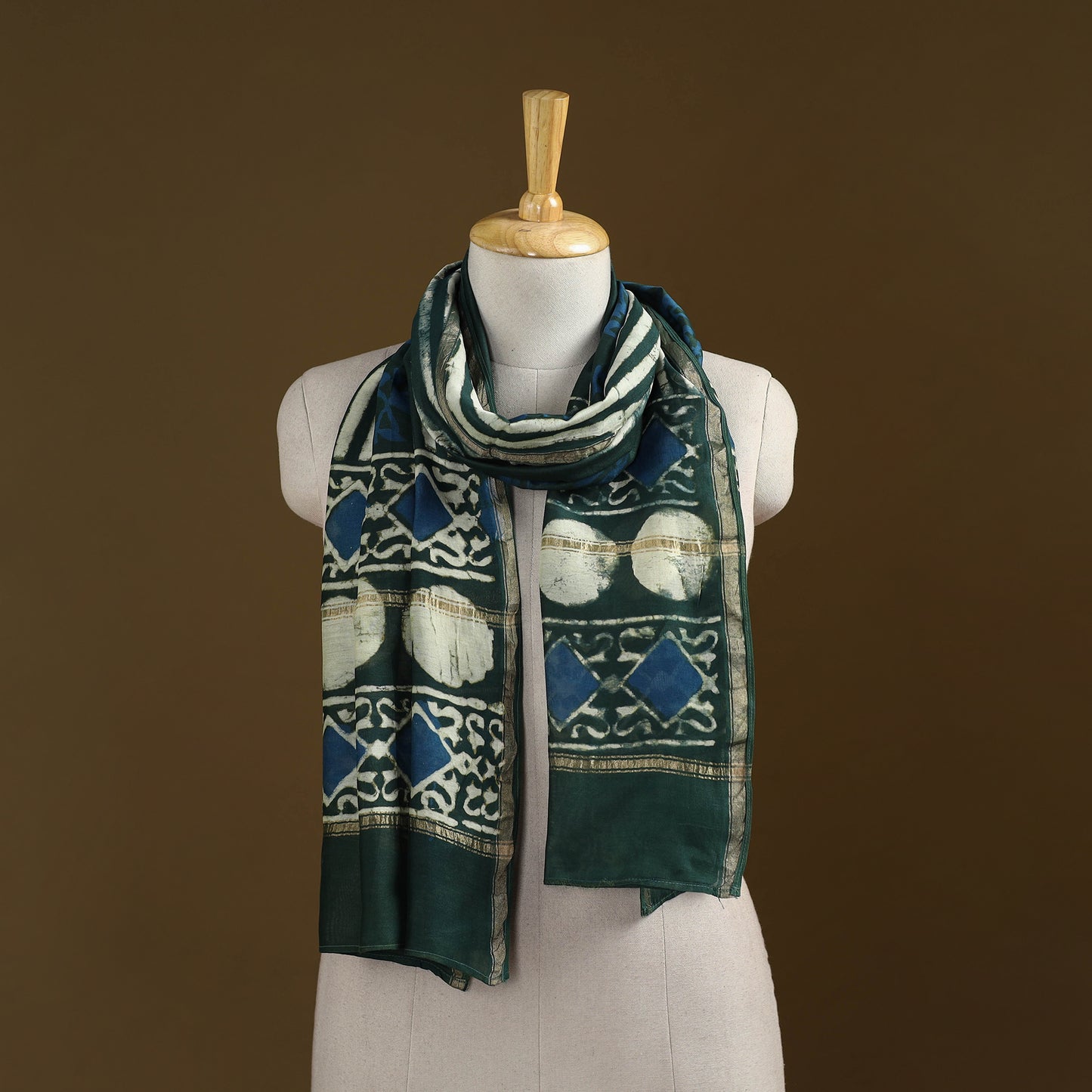 Green - Pipad Hand Block Print Natural Dyed Chanderi Silk Handloom Stole 77