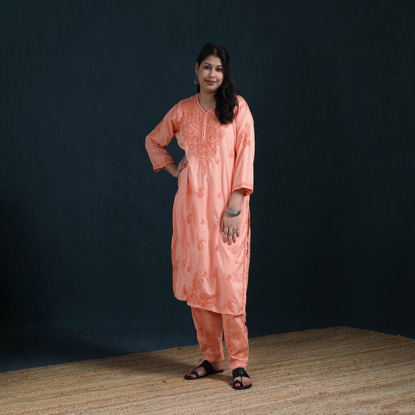 Peach - Hand Embroidered Rayon Cotton Chikankari Kurta with Pant Set for Women 16