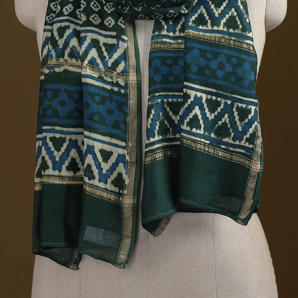 Green - Pipad Hand Block Print Natural Dyed Chanderi Silk Handloom Stole 79