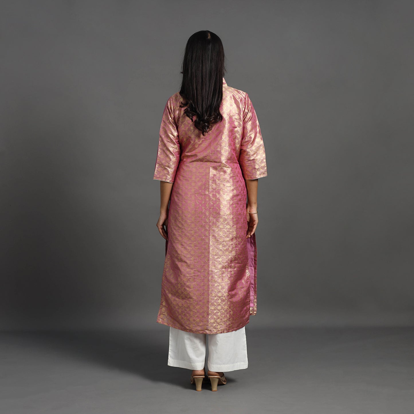 Pink Cutwork Tissue Zari Jaal Banarasi Silk Kurta for Women