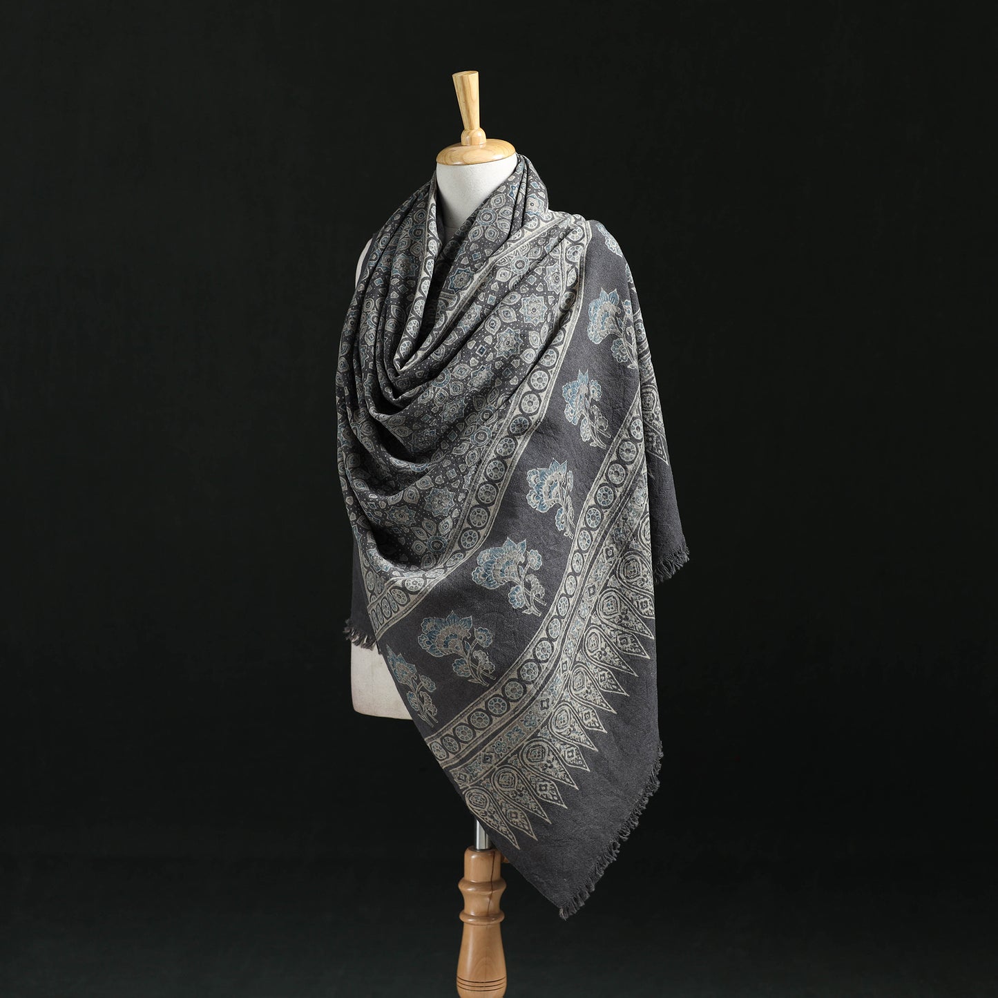 Ajrakh Hand Block Print Natural Dyed Handwoven Acrylic Wool Shawl 25