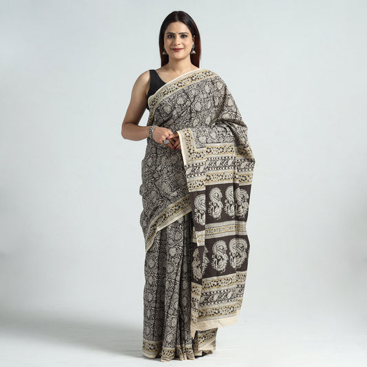 Grey - Pedana Kalamkari Block Printed Cotton Saree with Blouse Piece 03