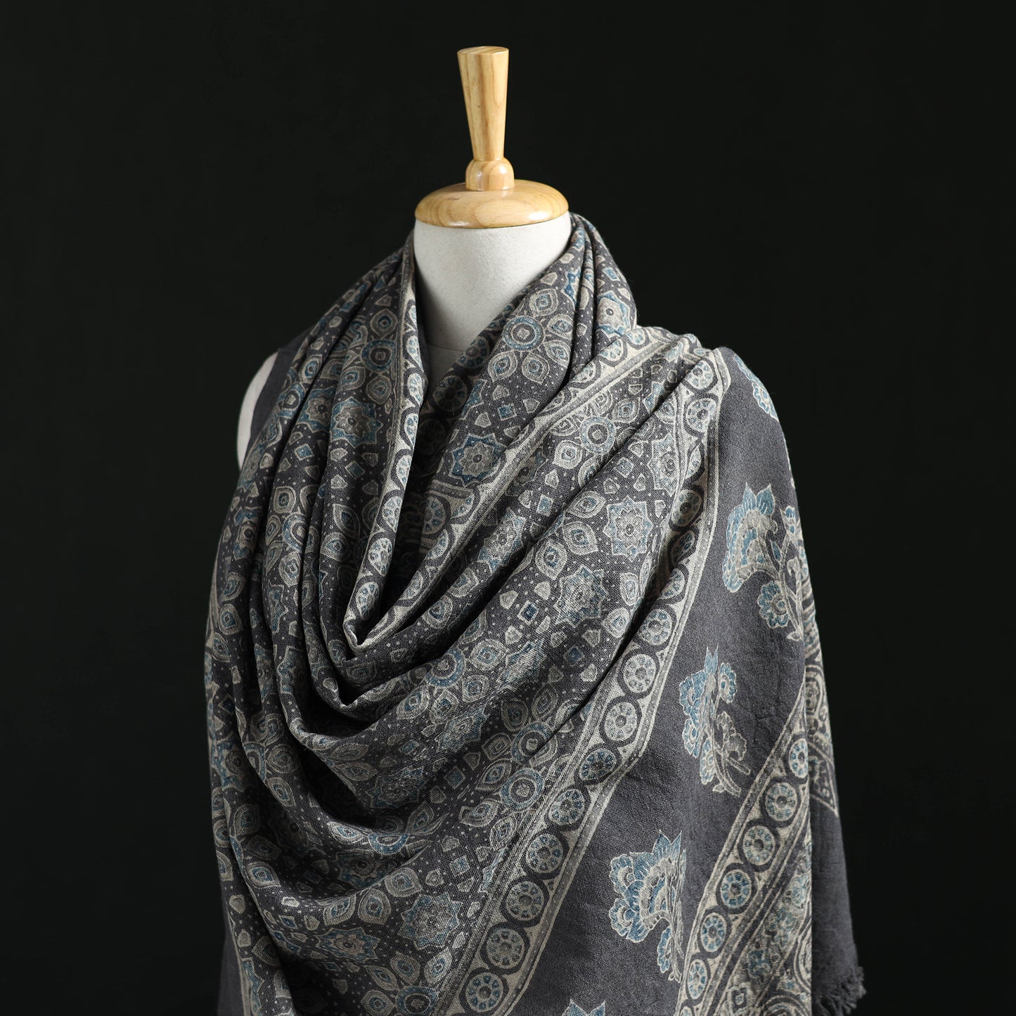 Ajrakh Hand Block Print Natural Dyed Handwoven Acrylic Wool Shawl 25