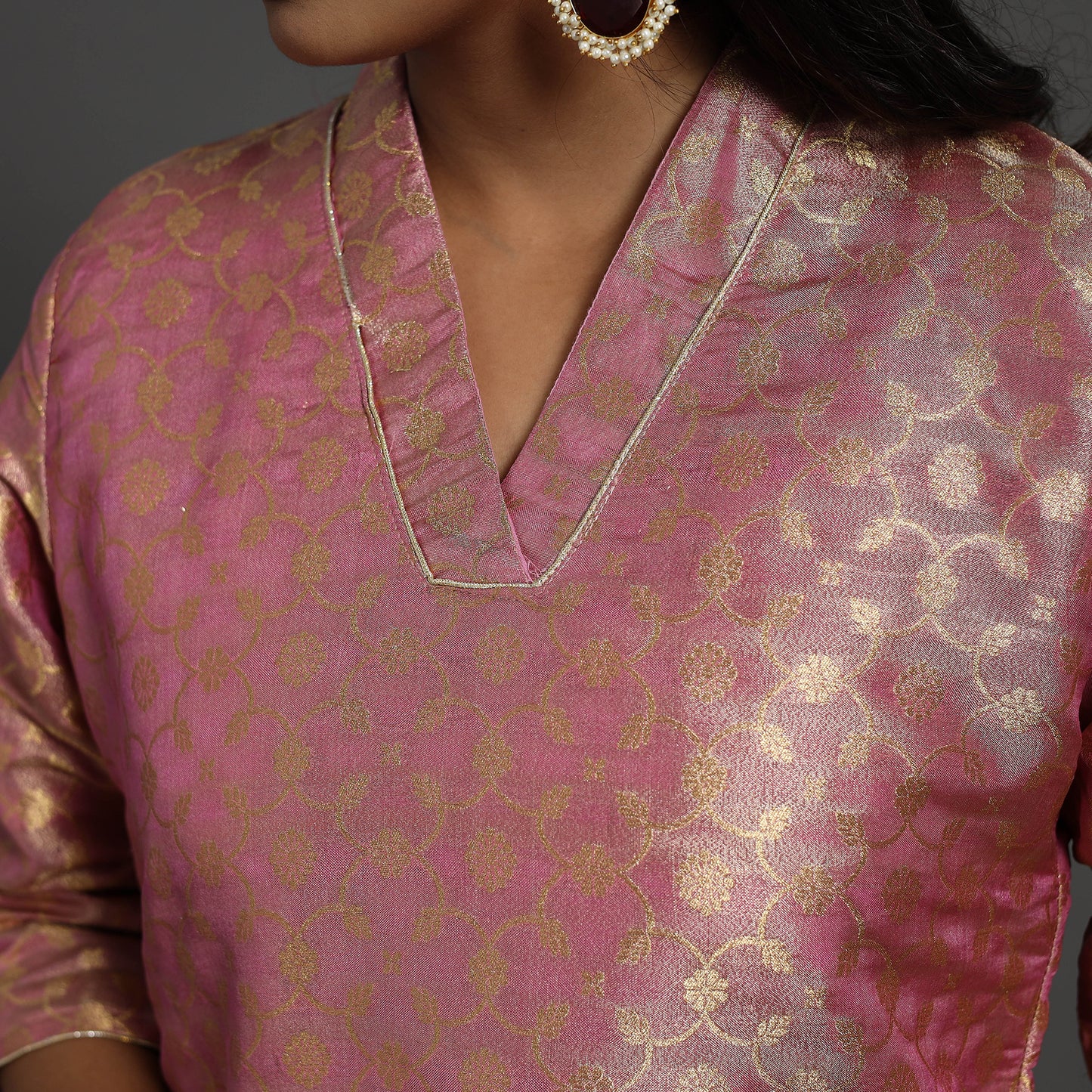 Pink Cutwork Tissue Zari Jaal Banarasi Silk Kurta for Women