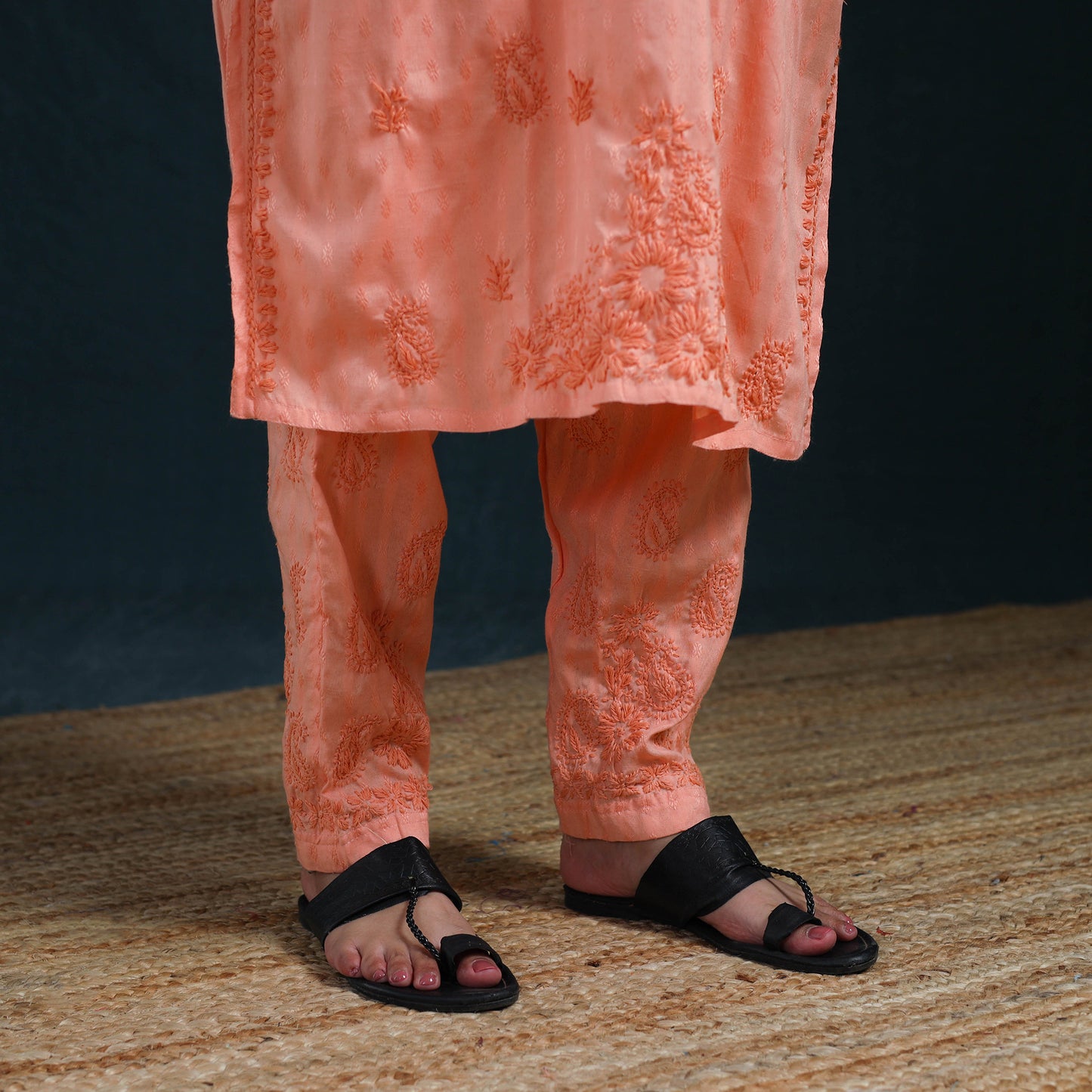 Peach - Hand Embroidered Rayon Cotton Chikankari Kurta with Pant Set for Women 16