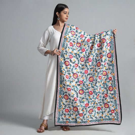 White - Ranihati Chanderi Silk Chapa Work Phulkari Embroidered Dupatta 30