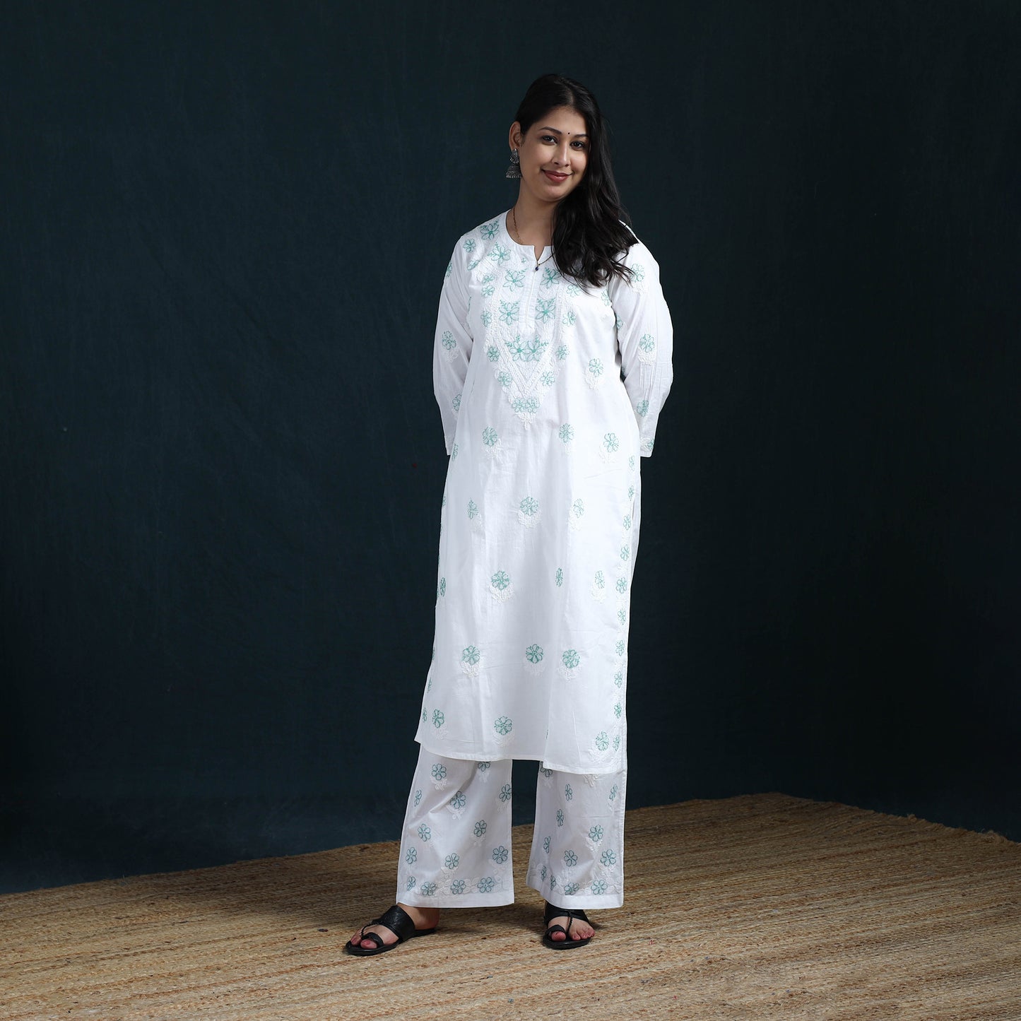 White - Hand Embroidered Mul Cotton Chikankari Kurta with Palazzo Set for Women 36